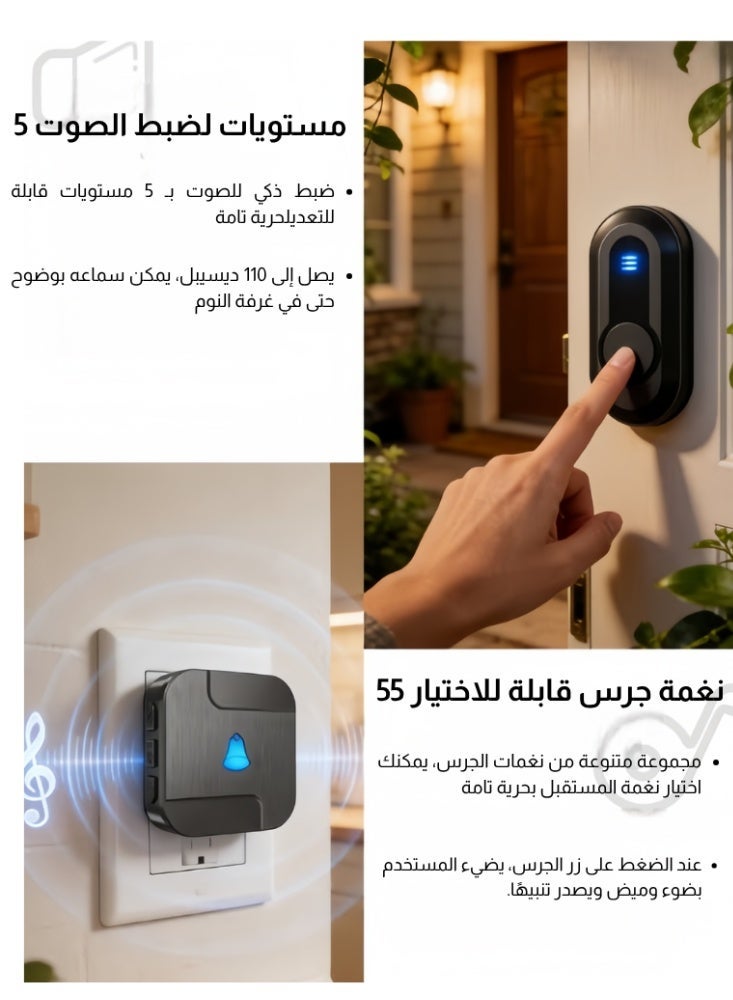 جرس باب لاسلكي مقاوم للماء مع وميض LED، جرس باب مقاوم للماء، جهاز استقبال واحد وجهازَي إرسال، جرس باب منزلي، جهاز استدعاء لاسلكي لمقدمي الرعاية بمدى يزيد عن 300 متر، 55 نغمة و5 مستويات صوت، جرس باب لاسلكي للمنزل والمكتب والشقة والفندق والمستودع ومضاد للسرقة - Image 3