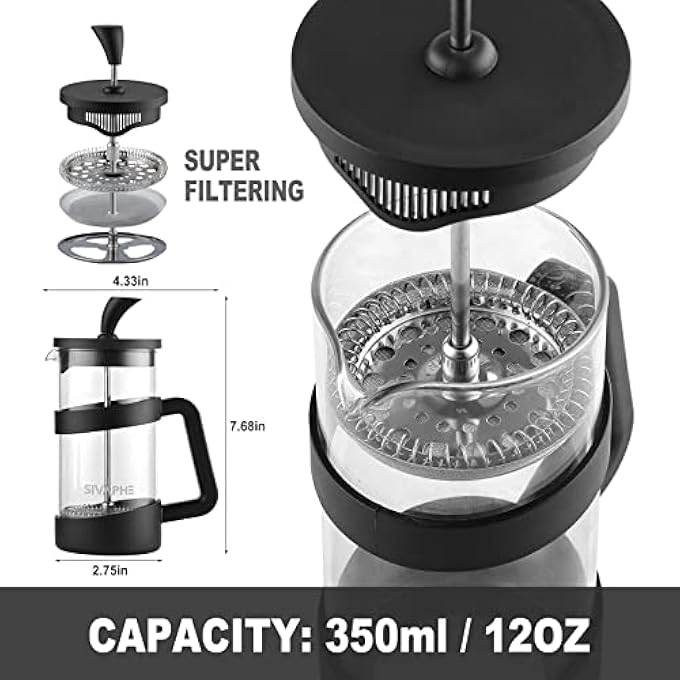Sivaphe French Press Coffee Maker Coffee Pot 350Ml Cafetiere Coffee Plunger Black 12Oz 12 Cup Small Tea Press Borosilicate Glass Gift - Image 3