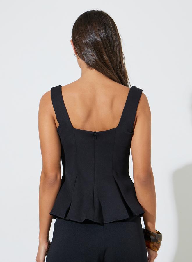 Styli Black Solid Ruffle Details Sleeveless Peplum Blouse - Image 4