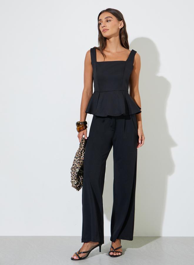 Styli Black Solid Ruffle Details Sleeveless Peplum Blouse - Image 2