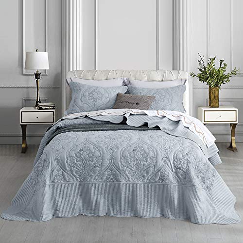 CHIXIN Bedspread Coverlet Set Queen Size - Lightweight Bedding Cover - Beautiful Stitching - 5 Piece Reversible Bedspread - Gorgeous Damask Paisley Pattern (Queen, Light Grey) - Image 1