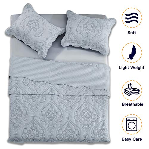 CHIXIN Bedspread Coverlet Set Queen Size - Lightweight Bedding Cover - Beautiful Stitching - 5 Piece Reversible Bedspread - Gorgeous Damask Paisley Pattern (Queen, Light Grey) - Image 3