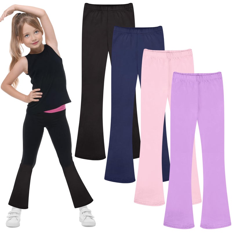 FEQO 4 Pack Girls Flare Leggings Pants Girl Cotton Leggings Bell Bottoms 7-8 Years(Black, Navy Blue, Pink, Purple) - Image 1