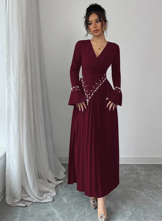 تايك تو Burgundy Embellished Pleated Long Sleeve A-Line Maxi Dress