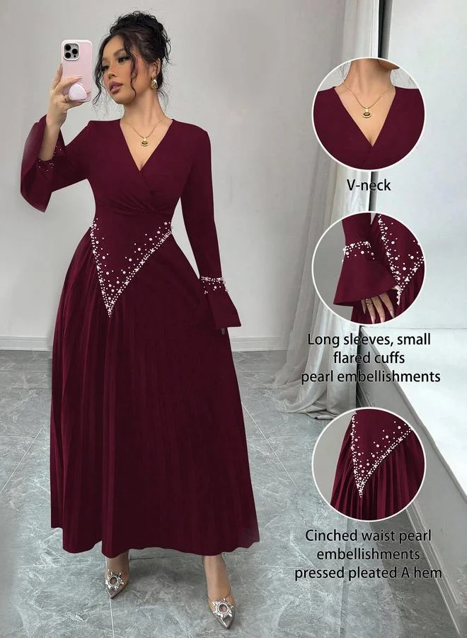 تايك تو Burgundy Embellished Pleated Long Sleeve A-Line Maxi Dress