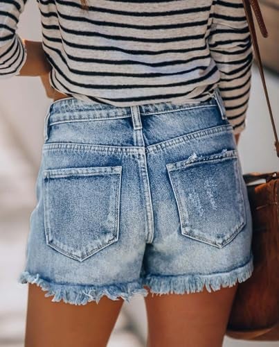 MINGALONDON Jean Shorts for Women Summer Mid Waisted Ripped Stretchy Denim Shorts Distressed Short Light Blue M - Image 4
