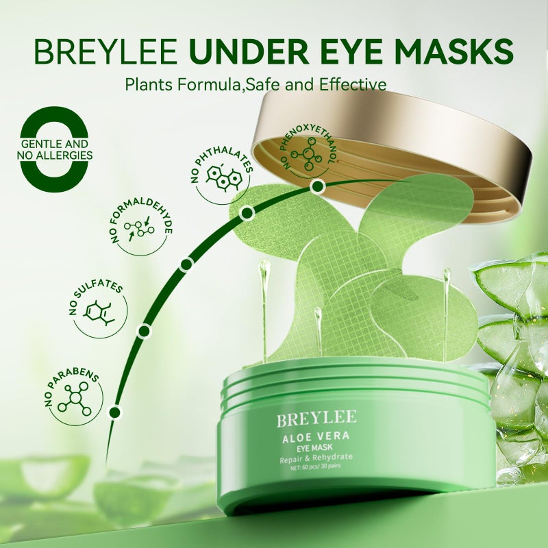 BREYLEE Aloe Vera Eye Masksâ€“ 60 Pcs - Puffy Eyes and Dark Circles Treatments â€“ Look Younger and Reduce Wrinkles and Fine Lines Undereye, Improve and Firm eye Skin - Pure Natural Material Extraction - Image 2