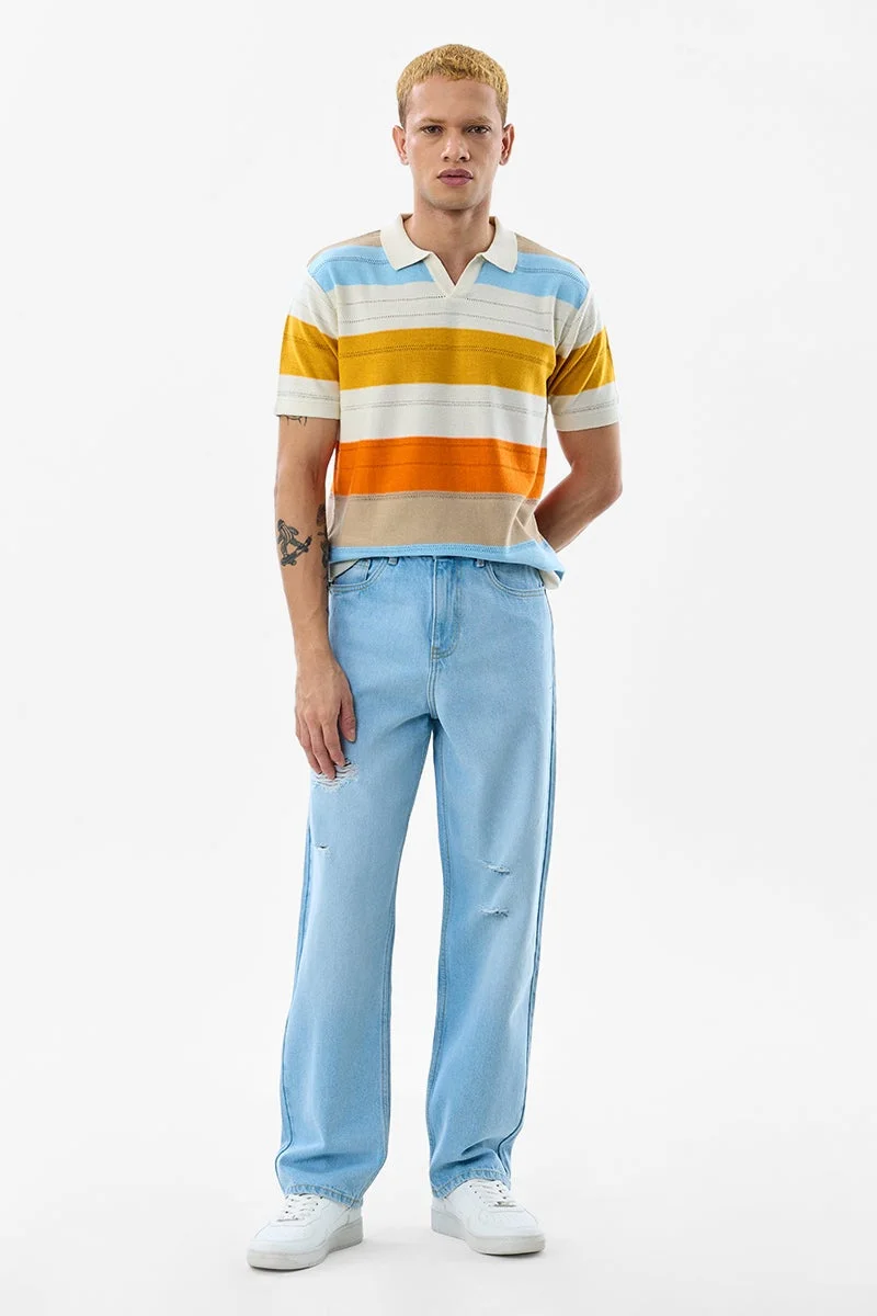 SNITCH Beige Striped Half Sleeve Slim Fit T-Shirt
