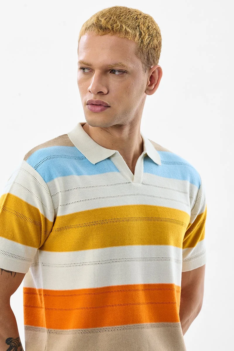 SNITCH Beige Striped Half Sleeve Slim Fit T-Shirt