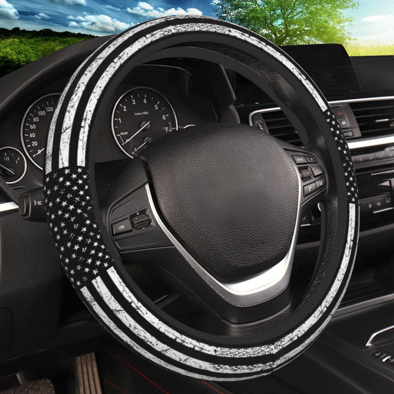 KARREAL Black White American Flag Elastic Steering Wheel Cover NonSlip Breathable Neoprene Steering Wheel Covers Men Car Accessories Universal 15 Inch Fit Auto Suvs Truck - Image 2