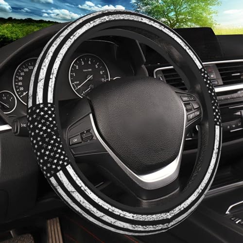 KARREAL Black White American Flag Elastic Steering Wheel Cover NonSlip Breathable Neoprene Steering Wheel Covers Men Car Accessories Universal 15 Inch Fit Auto Suvs Truck - Image 1
