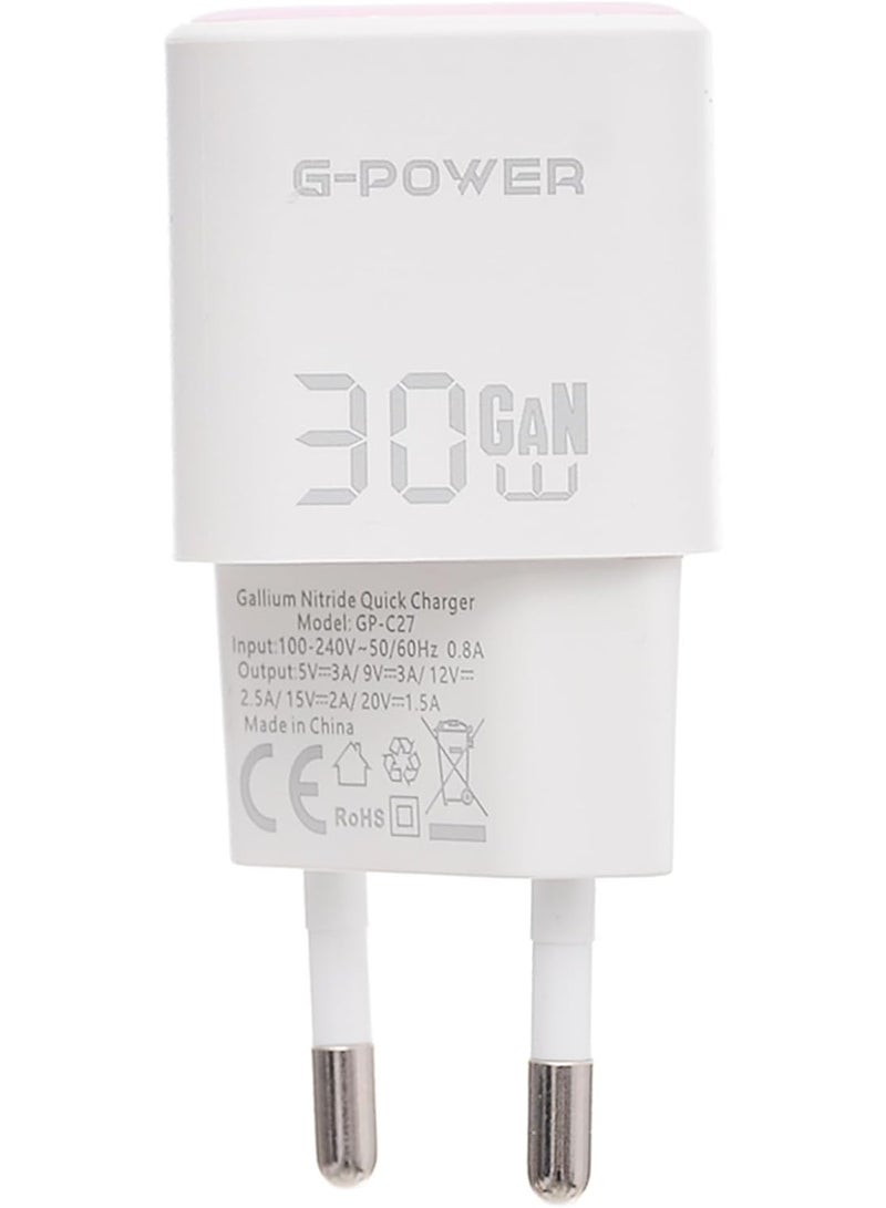 جي باور شاحن سريع G-Power GP-C27 بقوة 30 واط بمنفذ USB-C واحد، متوافق مع أجهزة iPhone 14/14 Plus/14 Pro/14 Pro Max/13، وGalaxy، وPixel 4/3، وiPad/iPad - أبيض وردي - Image 2