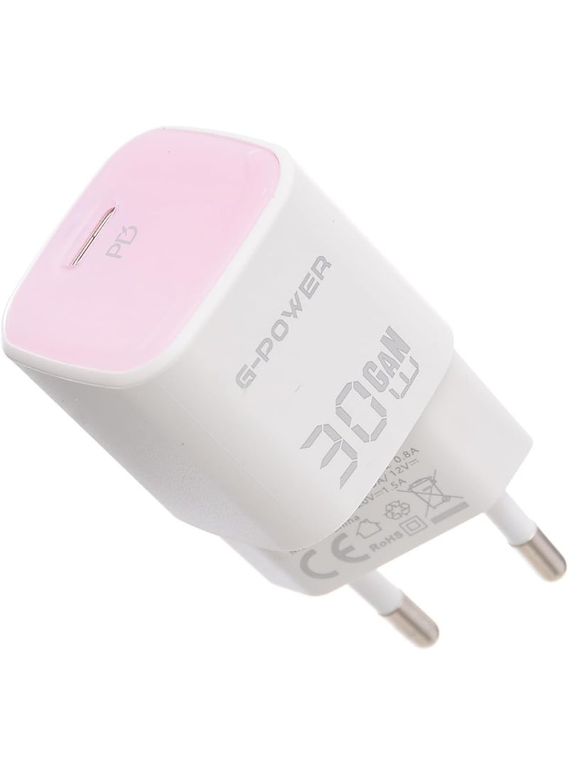 جي باور شاحن سريع G-Power GP-C27 بقوة 30 واط بمنفذ USB-C واحد، متوافق مع أجهزة iPhone 14/14 Plus/14 Pro/14 Pro Max/13، وGalaxy، وPixel 4/3، وiPad/iPad - أبيض وردي - Image 1