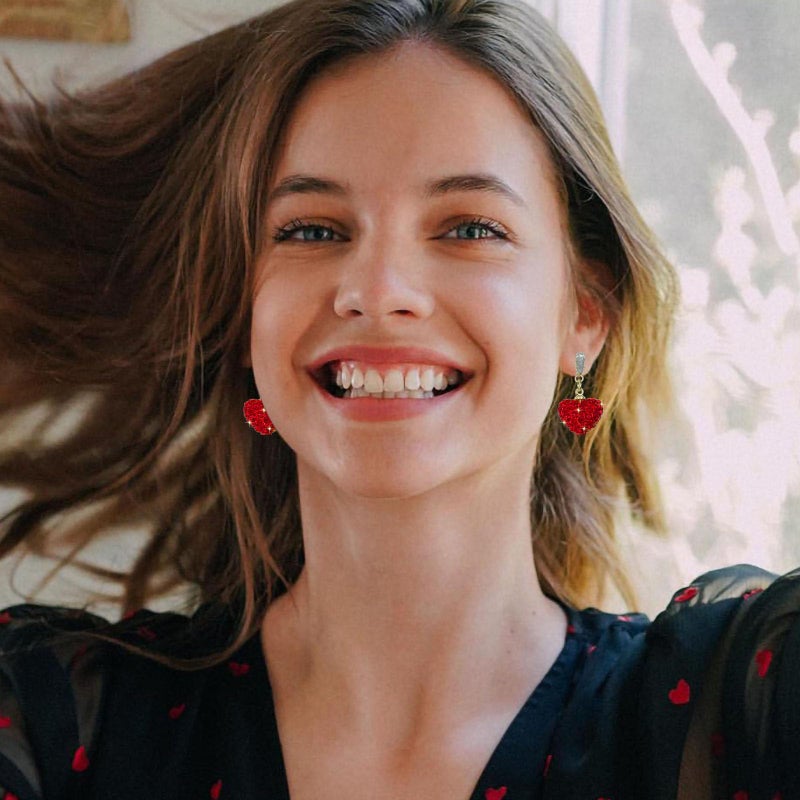 HTH Red Heart Earrings Glitter Cute Big Red Heart Statement Drop Dangle Earrings for Women (A-Red) - Image 4