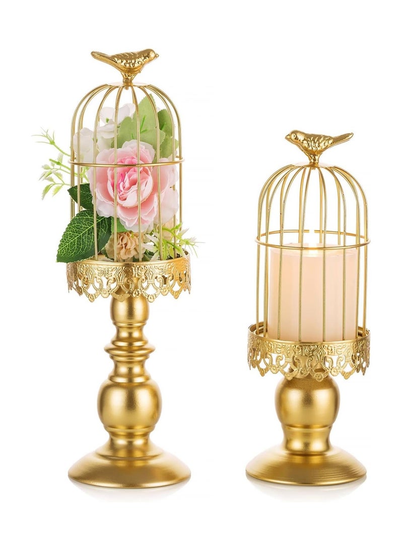 general Candle holders, decorative metal birdcage ornaments, golden vintage candlestick bases, two sets, suitable for tables, bedrooms, coffee tables, home decoration, and weddings - Image 1