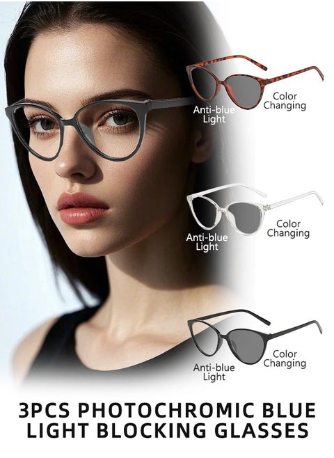 3PCS Blue Light Blocking Sunglasses Anti UV and Glare Blue Light Filter Computer Glasses Cat Eye Color Changing Eyewear for Men Women