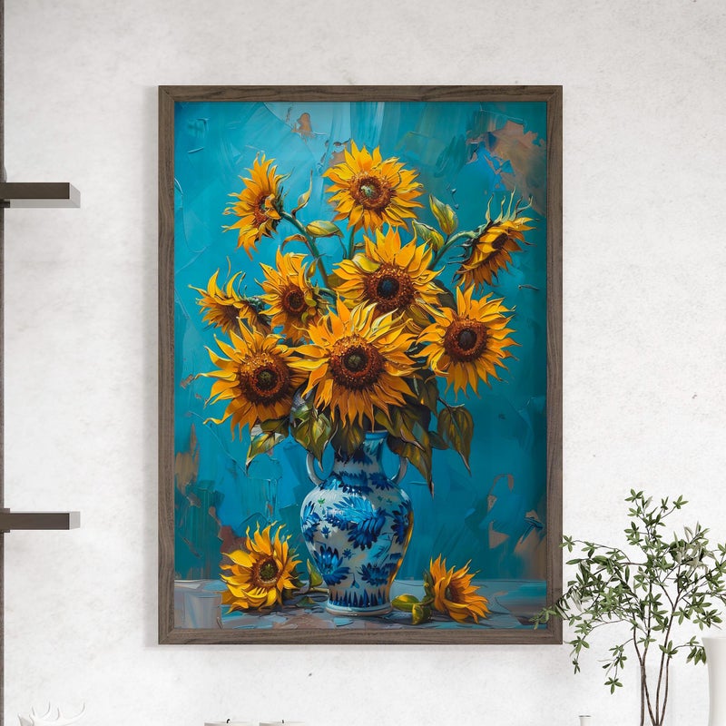 TNESSENTIAL A Vase of Sunflowers Painting Vintage Wall Art Poster or Canvas Print, Realistic Flower Painting Floral Art Print, Yellow Flowers Blue Art - Image 1