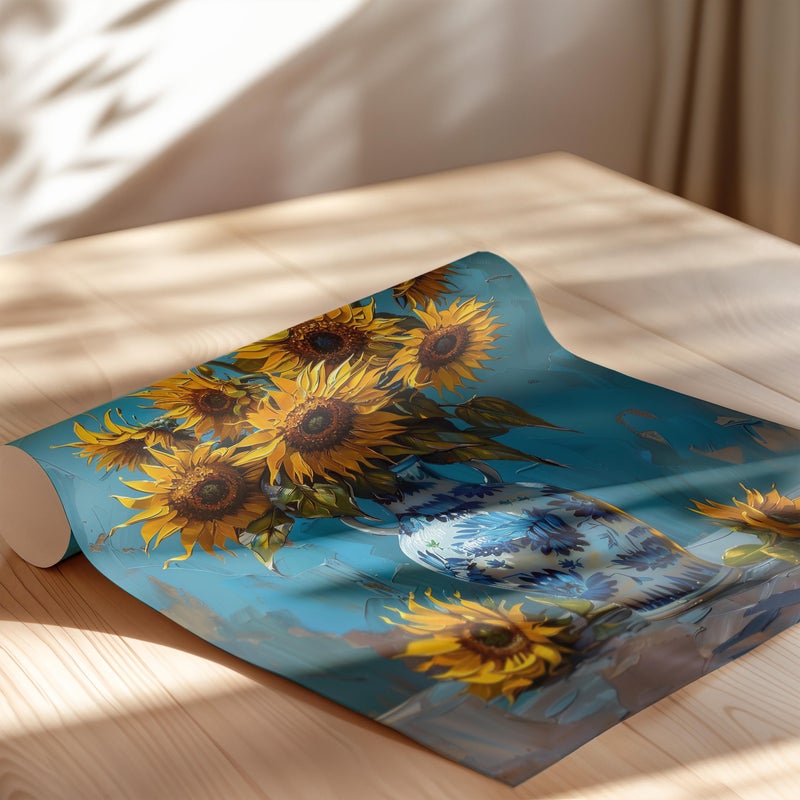 TNESSENTIAL A Vase of Sunflowers Painting Vintage Wall Art Poster or Canvas Print, Realistic Flower Painting Floral Art Print, Yellow Flowers Blue Art - Image 2
