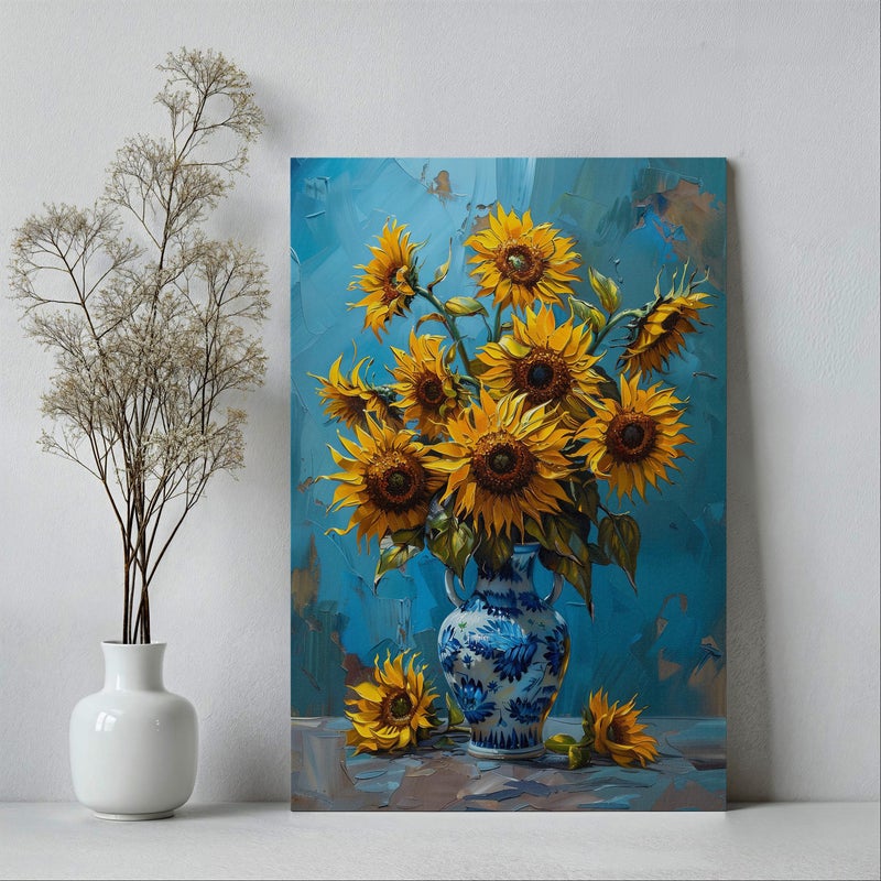 TNESSENTIAL A Vase of Sunflowers Painting Vintage Wall Art Poster or Canvas Print, Realistic Flower Painting Floral Art Print, Yellow Flowers Blue Art - Image 5