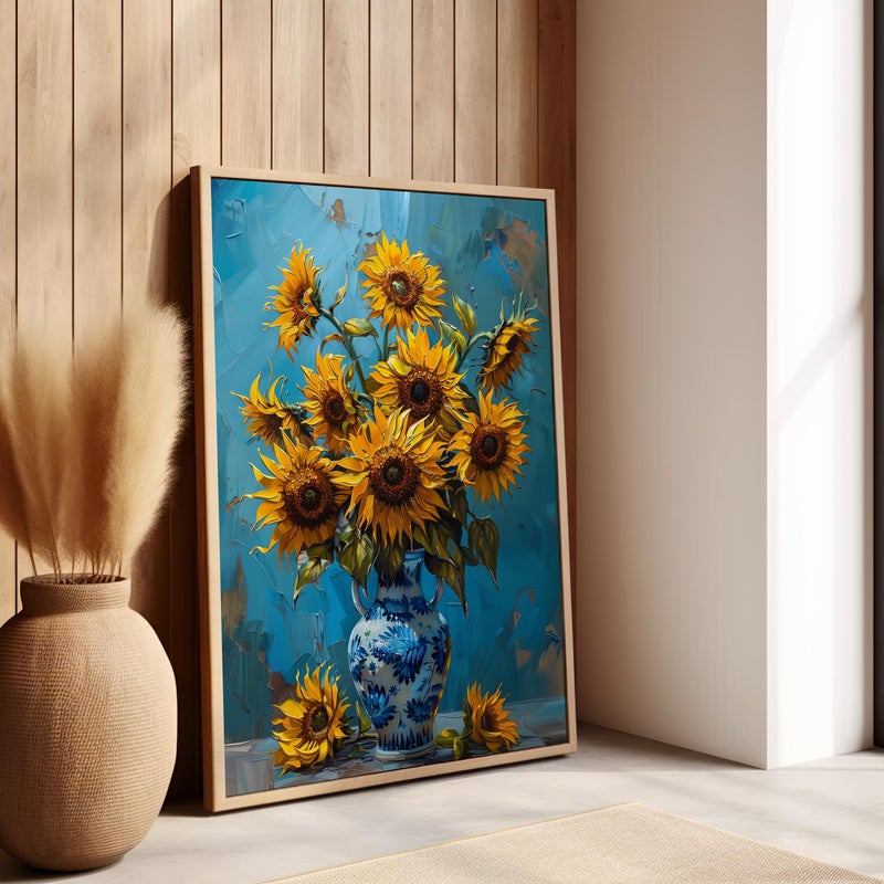 TNESSENTIAL A Vase of Sunflowers Painting Vintage Wall Art Poster or Canvas Print, Realistic Flower Painting Floral Art Print, Yellow Flowers Blue Art - Image 3