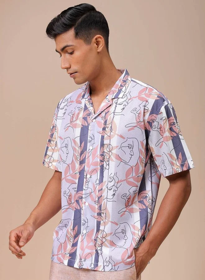 The Indian Garage Co Men Relaxed Fit Sketch Art Half Sleeves Cuban Collar Resort Wear Shirt