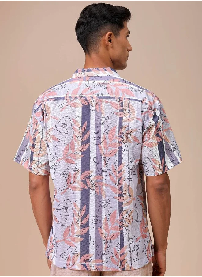 شركة المرآب الهندية Men Relaxed Fit Sketch Art Half Sleeves Cuban Collar Resort Wear Shirt