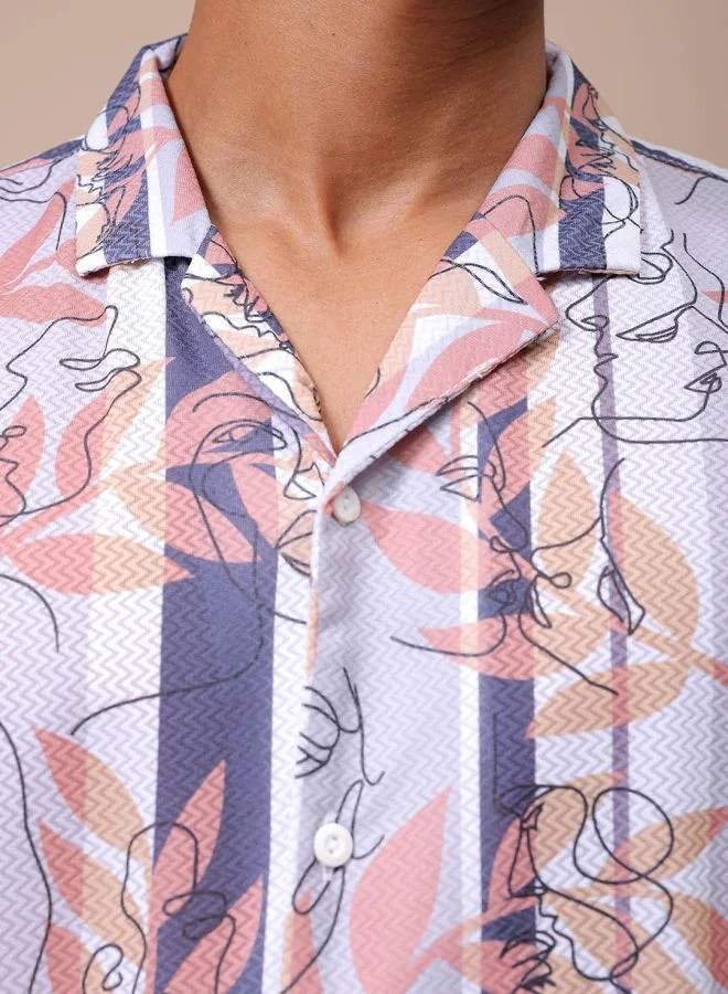 The Indian Garage Co Men Relaxed Fit Sketch Art Half Sleeves Cuban Collar Resort Wear Shirt