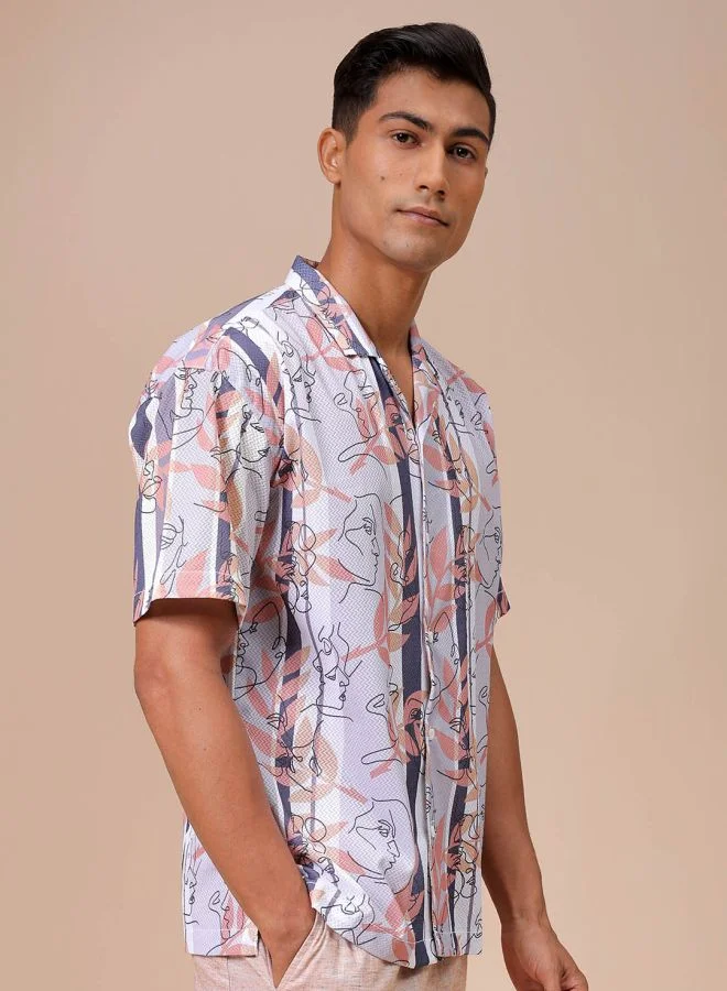 The Indian Garage Co Men Relaxed Fit Sketch Art Half Sleeves Cuban Collar Resort Wear Shirt