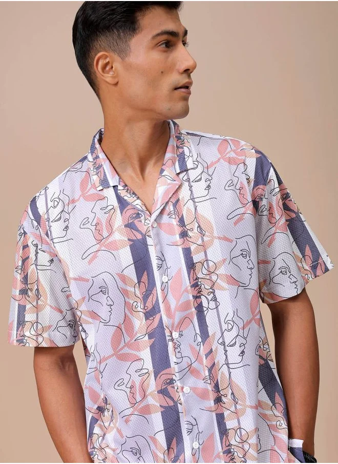 شركة المرآب الهندية Men Relaxed Fit Sketch Art Half Sleeves Cuban Collar Resort Wear Shirt