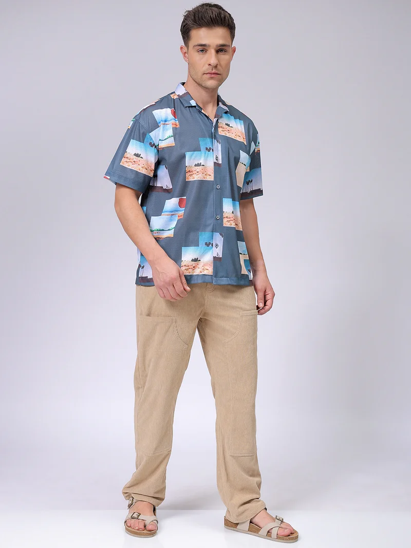 The Indian Garage Co Men Relaxed Fit Sketch Art Half Sleeves Cuban Collar Resort Wear Shirt