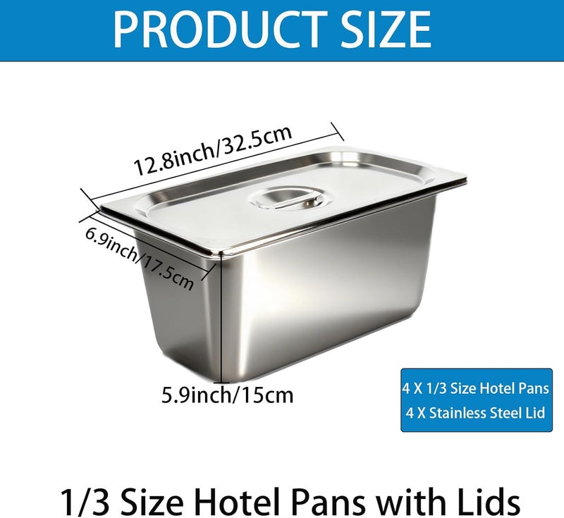 GDOODM 4 Pack Hotel Pans with Lid, 1/3 Size Steam Table Pan Set for Food, 6 Inch Deep Commercial Catering Pan Stainless Steel Table Steam Pans for Hotel, Buffet, Restaurant and Party - Image 2