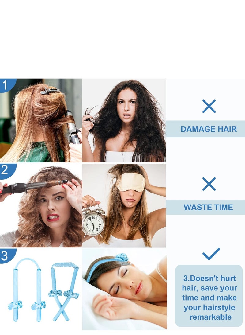 SYOSI Healtless Hair Curlers for Long Hair, No Heat Curl Ribbon Design with Hair Clips and Scrunchie, Overnight Silk Heatless Curls Headband, Soft Heatless Curling Rod Headband for Natural Hair (Blue) - Image 3