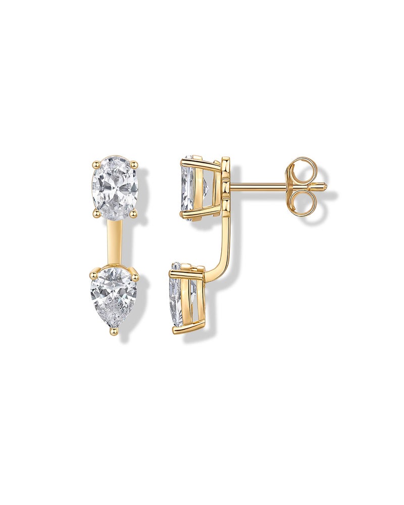 PAVOI 14K Yellow Gold Plated Cubic Zirconia Earrings Jacket for Women - 925 Sterling Silver Posts Dainty Pear CZ Front and Back Double Studs - Statement Ear Jacket Earrings for Women - Image 1