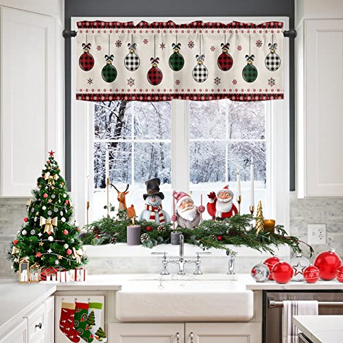 Vandarllin Christmas Valance Kitchen Curtains for Windows, Vintage Buffalo Plaid Christmas Balls Rod Pocket Valances Window Treatments Farmhouse Short Curtains For Bedroom/ Living Room, 54" X 18" -1 Panel - Image 1