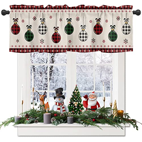 Vandarllin Christmas Valance Kitchen Curtains for Windows, Vintage Buffalo Plaid Christmas Balls Rod Pocket Valances Window Treatments Farmhouse Short Curtains For Bedroom/ Living Room, 54" X 18" -1 Panel - Image 2