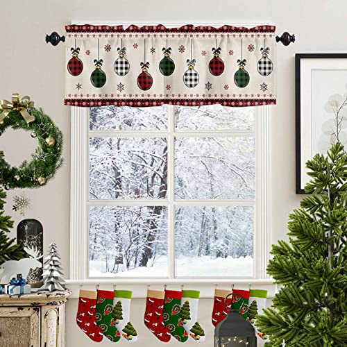 Vandarllin Christmas Valance Kitchen Curtains for Windows, Vintage Buffalo Plaid Christmas Balls Rod Pocket Valances Window Treatments Farmhouse Short Curtains For Bedroom/ Living Room, 54" X 18" -1 Panel - Image 3