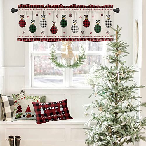 Vandarllin Christmas Valance Kitchen Curtains for Windows, Vintage Buffalo Plaid Christmas Balls Rod Pocket Valances Window Treatments Farmhouse Short Curtains For Bedroom/ Living Room, 54" X 18" -1 Panel - Image 4