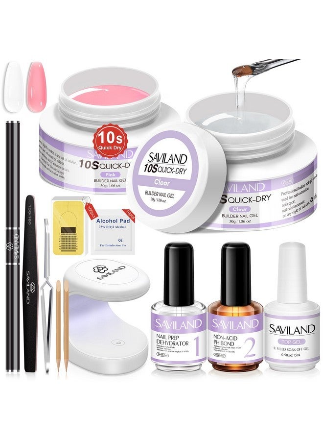 Saviland Quick-Dry Builder Nail Gel Kit - Clear Pink Builder Hard Gel With Mini Uv Light, Top Gel, Nail Dehydrator, Non-Acid Ph Bond Primer And Nail Extension Application Tools For Beginners - Image 1