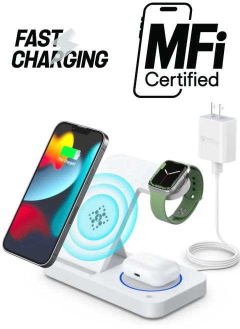 "3-in-1 Fast Charging Station – Foldable Wireless Charger Stand for Smartphone, Apple Watch, and AirPods"