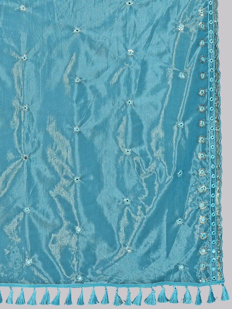 KEMZA Organza Embroidered Dupatta with Mirror & Sequence Work, Tassel Lace Border, Floral Butti Design (Sky Blue, Free Size) - Image 5