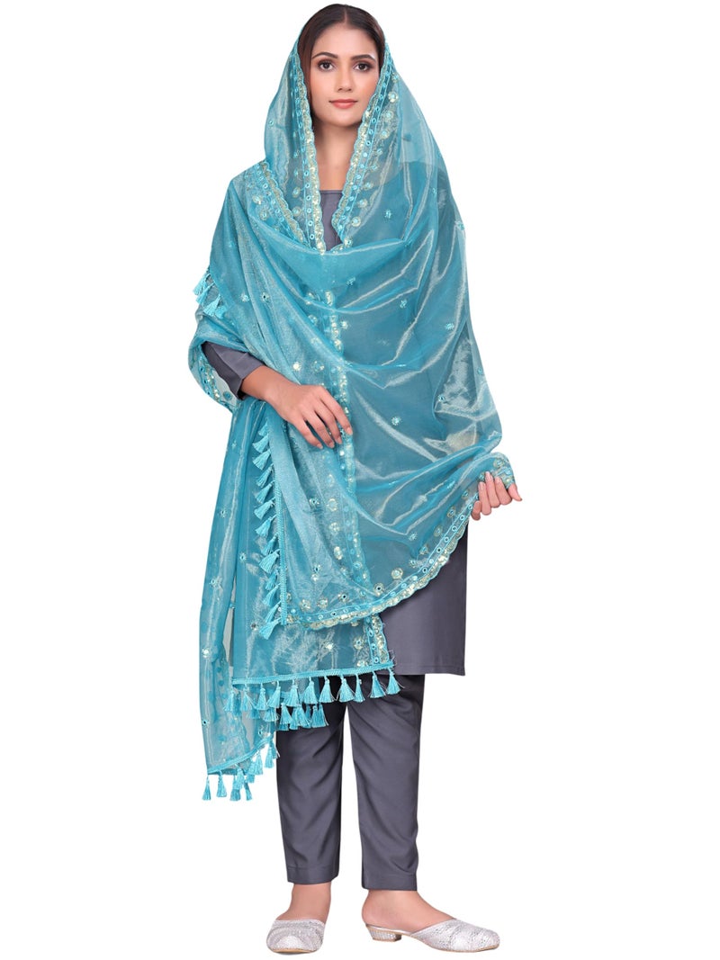 KEMZA Organza Embroidered Dupatta with Mirror & Sequence Work, Tassel Lace Border, Floral Butti Design (Sky Blue, Free Size) - Image 3
