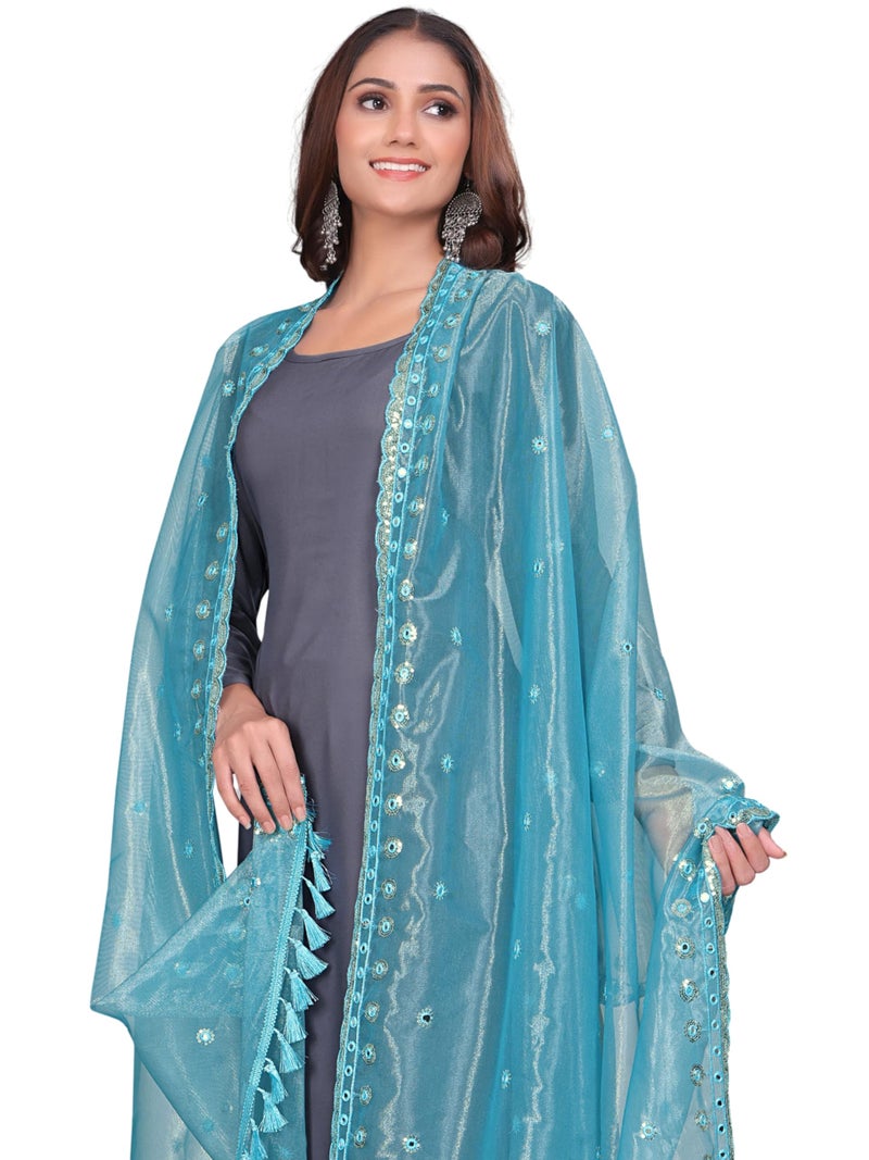 KEMZA Organza Embroidered Dupatta with Mirror & Sequence Work, Tassel Lace Border, Floral Butti Design (Sky Blue, Free Size) - Image 2