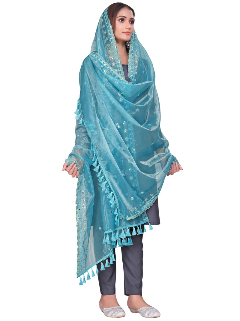 KEMZA Organza Embroidered Dupatta with Mirror & Sequence Work, Tassel Lace Border, Floral Butti Design (Sky Blue, Free Size) - Image 1