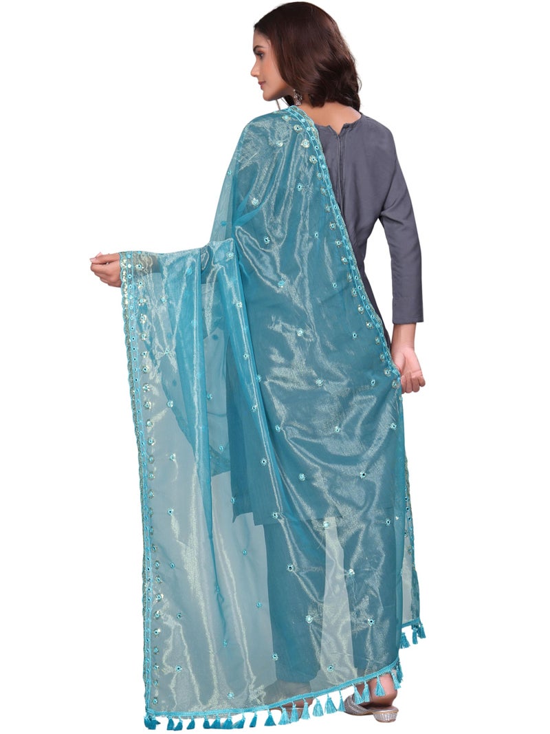 KEMZA Organza Embroidered Dupatta with Mirror & Sequence Work, Tassel Lace Border, Floral Butti Design (Sky Blue, Free Size) - Image 4