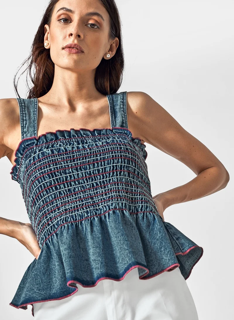 The Label Life Denim Ruffle Sleeveless Top