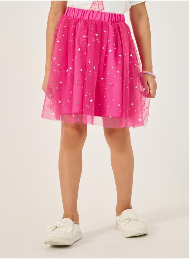 Styli - Graphic Print Tie-Up Top and Star Mesh Skirt Set - Image 1