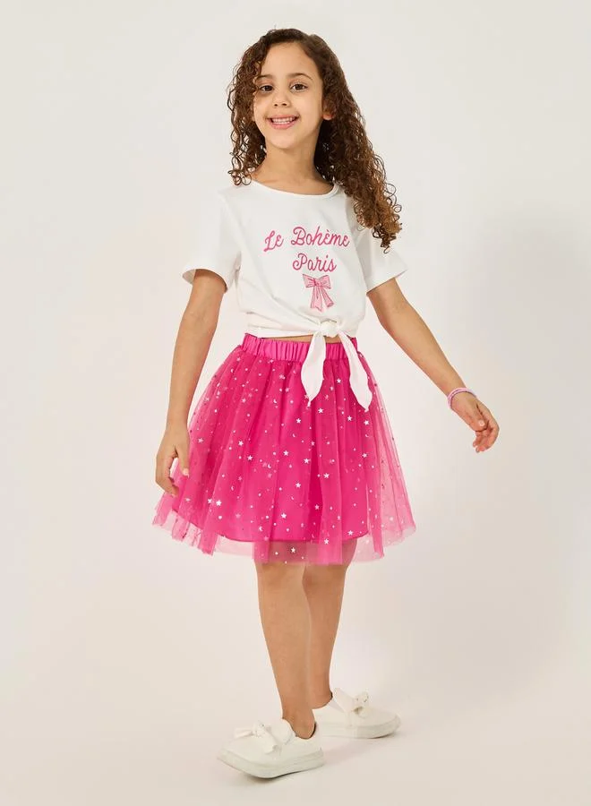 Styli Graphic Print Tie-Up Top and Star Mesh Skirt Set
