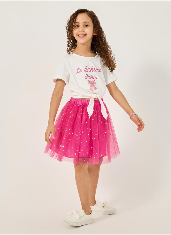 Styli - Graphic Print Tie-Up Top and Star Mesh Skirt Set - Image 1