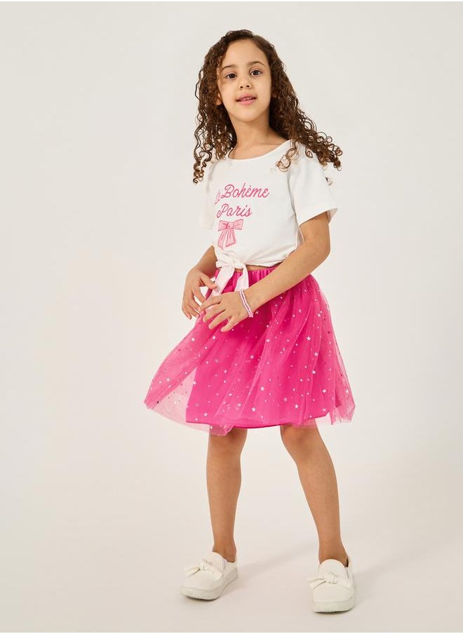 Styli - Graphic Print Tie-Up Top and Star Mesh Skirt Set - Image 1