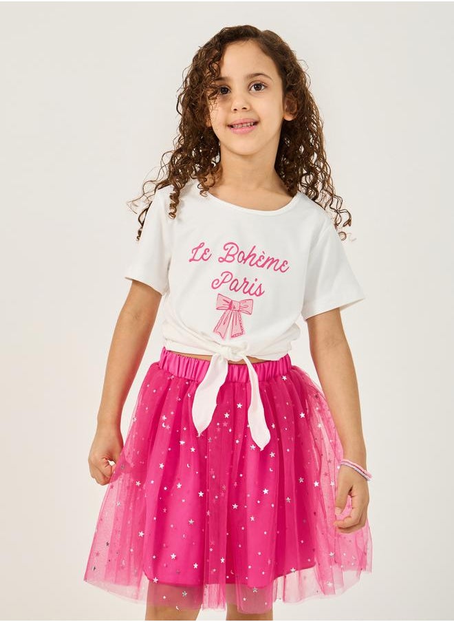 Styli - Graphic Print Tie-Up Top and Star Mesh Skirt Set - Image 1